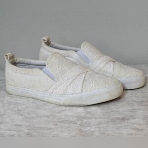 White Floral Embroidered Lace Slip-On Women's Sneakers